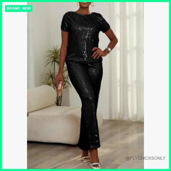 Sequin 2 Piece Outfit Cap Sleeve Versatile Dressy Sparkle Pants Set - Picture 2 of 7